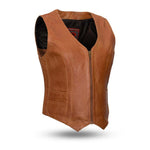 LV544 LADIES WHISKEY LEATHER MOTORCYCLE WESTERN VEST WITH V-NECK, FRONT STRAIGHT ZIPPER & PATCH POCKETS