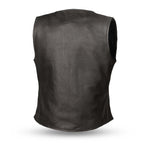 LV565 LADIES BLACK LEATHER MOTORCYCLE WESTERN VEST BACK VIEW WITH SINGLE BACK PANEL