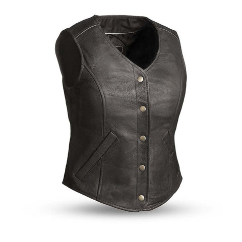 LV565 LADIES BLACK LEATHER MOTORCYCLE WESTERN VEST WITH V-NECK, FRONT CLASSIC SNAPS & SIDE POCKETS