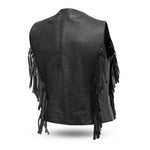 LV572 LADIES BLACK LEATHER MOTORCYCLE WESTERN VEST BACK VIEW WITH FRINGES