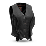 LV572 LADIES BLACK LEATHER MOTORCYCLE WESTERN VEST WITH V-NECK, FRONT CLASSIC SNAPS & FRINGES