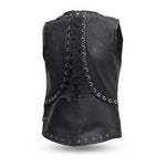 LV575 LADIES BLACK LEATHER MOTORCYCLE FASHION VEST BACK VIEW WITH STUDS & CORSET BACK DETAILING