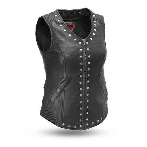 LV575 LADIES BLACK LEATHER MOTORCYCLE FASHION VEST FRONT VIEW WITH STUDS DETAILING