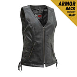 LV576 LADIES BLACK LEATHER MOTORCYCLE WESTERN VEST WITH V-NECK, FRONT STRAIGHT ZIPPER, ZIPPERED POCKETS & SIDE LACES