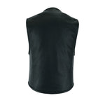 V004 MENS BLACK LEATHER MOTORCYCLE SWAT VEST BACK VEIW WITH PIPING COLLAR