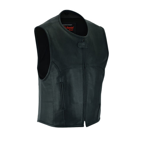 V004 MENS BLACK LEATHER MOTORCYCLE SWAT VEST WITH PIPING COLLAR