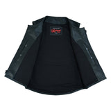 V004 MENS BLACK LEATHER MOTORCYCLE SWAT VEST VIEW OF INSIDE LINING WITH TWO INSIDE POCKETS WITH DOUBLE SNAPS CLOSURE