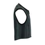 V004 MENS BLACK LEATHER MOTORCYCLE SWAT VEST SIDE VEIW WITH PIPING COLLAR