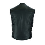 V007 MENS BLACK LEATHER MOTORCYCLE SWAT VEST BACK VIEW WITH PIPING COLLAR & TRIPLE SIDE STRAPS