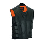 V007 MENS BLACK LEATHER MOTORCYCLE SWAT VEST FRONT SIDE VIEW WITH PIPING COLLAR & TRIPLE SIDE STRAPS
