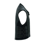 V007 MENS BLACK LEATHER MOTORCYCLE SWAT VEST SIDE VIEW WITH PIPING COLLAR & TRIPLE SIDE STRAPS