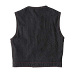 V6019DM MENS BLACK DENIM MOTORCYCLE CLUB VEST BACK VIEW WITH PIPING COLLAR & RED STITCHING