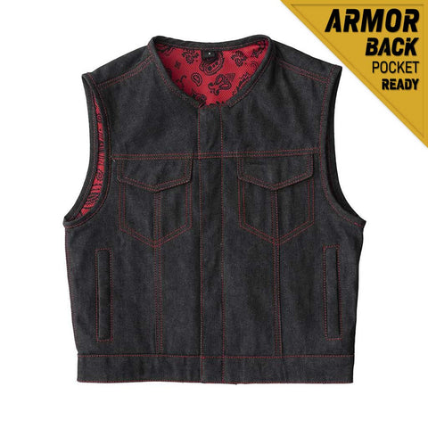 V6019DM MENS BLACK DENIM MOTORCYCLE CLUB VEST WITH PIPING COLLAR & RED STITCHING