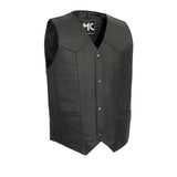 V601 MENS BLACK LEATHER MOTORCYCLE WESTERN VEST WITH V-NECK & FRONT CLASSIC SNAPS