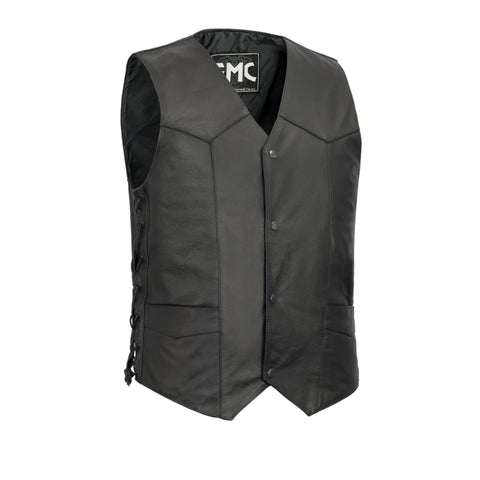 V602 MENS BLACK LEATHER MOTORCYCLE WESTERN VEST WITH V-NECK, FRONT CLASSIC SNAPS & SIDE LACES