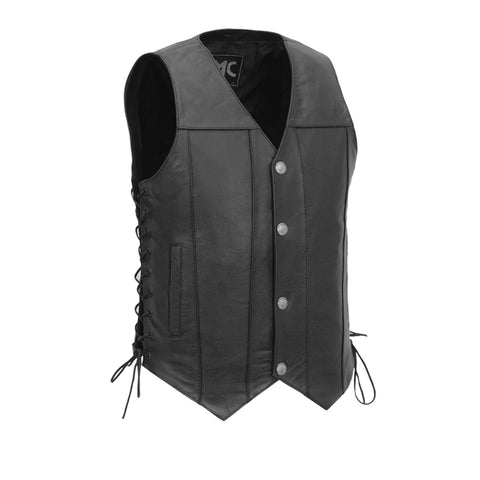 V612BF MENS BLACK LEATHER MOTORCYCLE WESTERN VEST WITH V-NECK, FRONT BUFFALO SNAPS & SIDE LACES