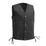 V613TW MENS BLACK TWILL MOTORCYCLE WESTERN VEST WITH V-NECK, FRONT CLASSIC SNAPS & SIDE LACES