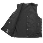 V613TW MENS BLACK TWILL MOTORCYCLE WESTERN  VEST FRONT HALF OPEN PARTIAL VIEW OF UNLINED INTERIOR & INSIDE RIGHT-SIDE CONCEAL-CARRY POCKET