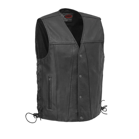 V618 MENS BLACK LEATHER MOTORCYCLE WESTERN VEST WITH V-NECK, FRONT CLASSIC SNAPS & SIDE LACES