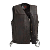 V619CP MENS DISTRESS BROWN LEATHER MOTORCYCLE WESTERN VEST FRONT ZIPPER & SNAPS CLOSURE