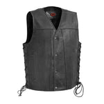 V619 MENS BLACK LEATHER MOTORCYCLE WESTERN VEST WITH V-NECK, FRONT CLASSIC SNAPS & SIDE LACES