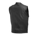 V621 MENS BLACK LEATHER MOTORCYCLE CLUB VEST BACK VIEW WITH MANDARIN COLLAR