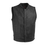 V621 MENS BLACK LEATHER CLEAN-CUT MOTORCYCLE CLUB VEST WITH MANDARIN COLLAR & NO FRONT CHEST POCKETS