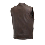 V621 MENS COPPER LEATHER MOTORCYCLE CLUB VEST BACK VIEW WITH MANDARIN COLLAR