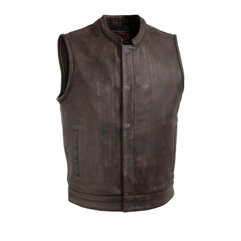 V621 MENS COPPER LEATHER CLEAN-CUT MOTORCYCLE CLUB VEST WITH MANDARIN COLLAR & NO FRONT CHEST POCKETS