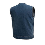 V624DM MENS BLUE DENIM MOTORCYCLE CLUB VEST BACK VIEW WITH PIPING COLLAR