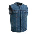 V624DM MENS BLUE DENIM MOTORCYCLE CLUB VEST WITH PIPING COLLAR