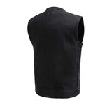 V624TW MENS BLACK TWILL MOTORCYCLE CLUB VEST BACK VIEW WITH PIPING COLLAR