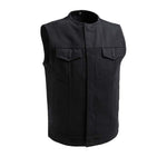V624TW MENS BLACK TWILL MOTORCYCLE CLUB VEST WITH PIPING COLLAR