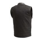 V629TR MENS BLACK CANVAS MOTORCYCLE CLUB VEST BACK VIEW WITH SHIRT COLLAR