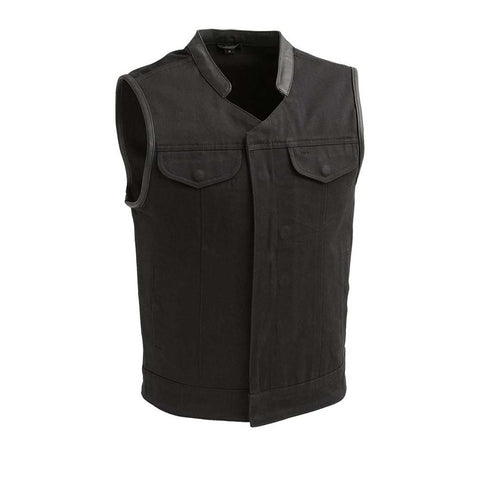 V629TR MENS BLACK CANVAS MOTORCYCLE CLUB VEST WITH SHIRT COLLAR