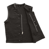 V629TR MENS BLACK CANVAS MOTORCYCLE CLUB VEST FRONT HALF OPEN PARTIAL VIEW OF UNLINED INTERIOR