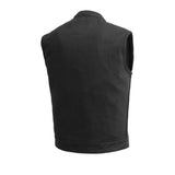 V629TW MENS BLACK TWILL MOTORCYCLE CLUB VEST BACK VIEW WITH MANDARIN COLLAR