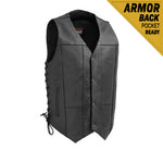 V630 MENS BLACK LEATHER MOTORCYCLE WESTERN VEST WITH V-NECK, FRONT BUFFALO SNAPS & SIDE LACES