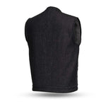 V634DM MENS BLACK DENIM MOTORCYCLE CLUB VEST BACK VIEW WITH PIPING COLLAR