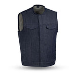 V634DM MENS BLUE DENIM MOTORCYCLE CLUB VEST WITH PIPING COLLAR
