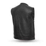 V636 MENS BLACK LEATHER MOTORCYCLE CLUB VEST BACK VIEW WITH RED STITCHING & PIPING COLLAR
