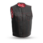 V636 MENS BLACK LEATHER MOTORCYCLE CLUB VEST WITH PIPPING COLLAR, PAISLEY BANDANA PATTERN INSIDE LINING & RED STITCHING