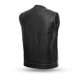 V636 MENS BLACK LEATHER MOTORCYCLE CLUB VEST BACK VIEW WITH WHITE STITCHING & PIPING COLLAR