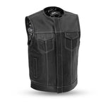 V636 MENS BLACK LEATHER MOTORCYCLE CLUB VEST WITH PIPPING COLLAR, PAISLEY BANDANA PATTERN INSIDE LINING & WHITE STITCHING