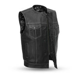 V636 MENS BLACK LEATHER MOTORCYCLE CLUB VEST FRONT ZIPPER & SNAPS CLOSURE WITH WHITE STITCHING