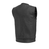 V638 MENS BLACK LEATHER MOTORCYCLE CLUB VEST BACK VIEW WITH PIPING COLLAR