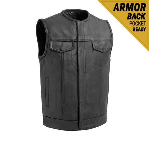 V638 MENS BLACK LEATHER MOTORCYCLE CLUB VEST WITH PIPPING COLLAR