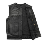 V638 MENS BLACK LEATHER MOTORCYCLE CLUB VEST FRONT HALF OPEN PARTIAL VIEW OF INSIDE MESH LINING WITH BACK ARMOR POCKET, CELL PHONE POCKET & BULLET SNAPS ON EASY-ACCESS INSIDE LEFT-SIDE CONCEAL-CARRY POCKET