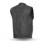 V639 MENS BLACK LEATHER MOTORCYCLE CLUB VEST BACK VIEW WITH PIPING COLLAR