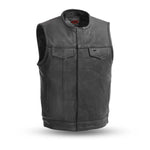V639 MENS BLACK LEATHER MOTORCYCLE CLUB VEST WITH PIPING COLLAR